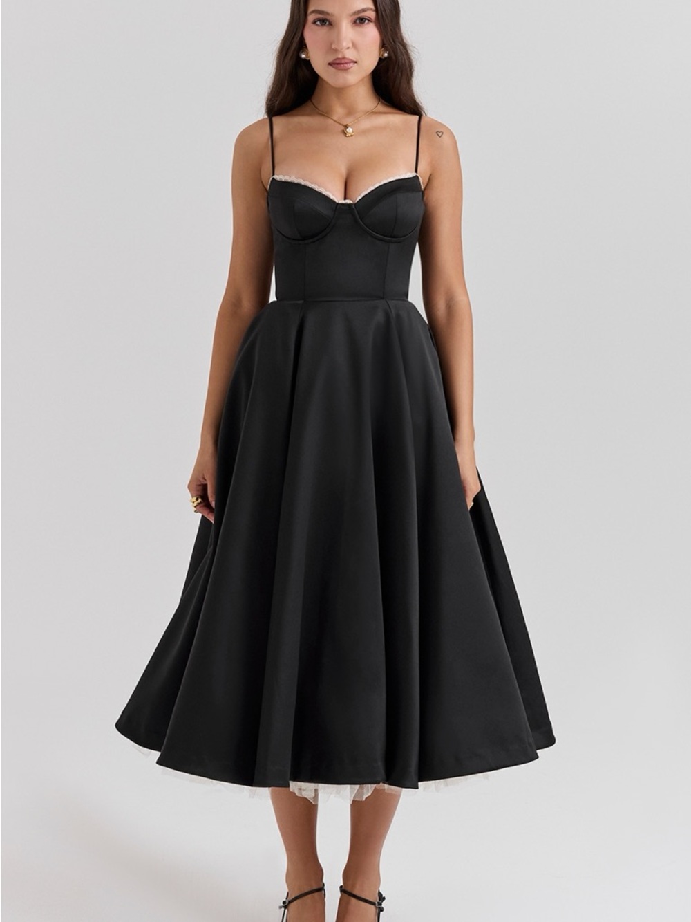 Function & Fringe | Elegant Black Satin Gown with Cream Tulle - Picture 8 of 10